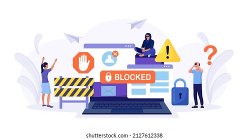 People are very surprised and feeling anxious about blocked user account. Experts help user to unblock account. Cyber crime, hacker attack, censorship or ransomware activity security. Vector design