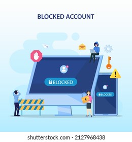 People are very surprised and feeling anxious about blocked user account. Experts help user to unblock account. Flat vector template Style Suitable for Web Landing Page.