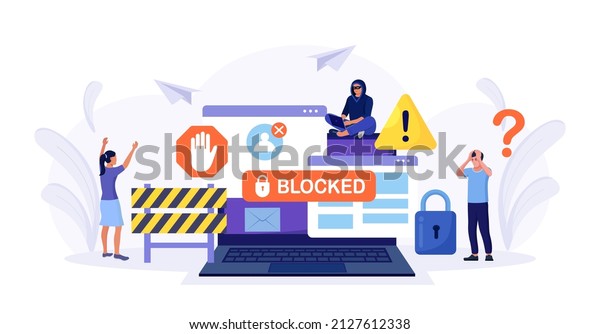 People are very surprised and feeling anxious\
about blocked user account. Experts help user to unblock account.\
Cyber crime, hacker attack, censorship or ransomware activity\
security. Vector design