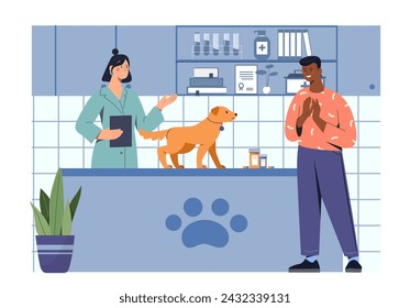 Gente en una clínica veterinaria. Hombre y mujer en uniforme médico con perro. Diagnóstico y tratamiento. Cuídate de los animales domésticos. Chico y chica con cachorro. Ilustración de vector plano de dibujos animados