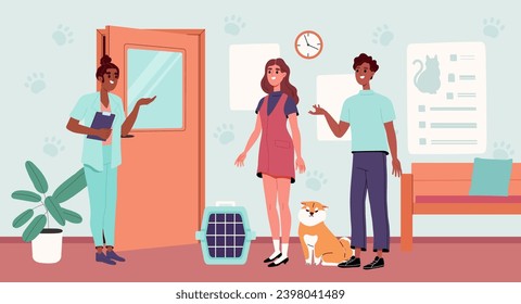 People at veterinary clinic concept. Medical staff with clients with dog near cage. Health care and treatment of domestic animals. Couple with puppy. Cartoon flat vector illustration