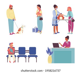 People in veterinary clinic for pets - boy with parrot, man with dog and girl with cat. Animal at appointment vet doctor. Flat cartoon vector illustrations isolated on a white.