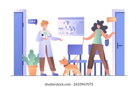 People in veterinary clinic. Woman brought dog to man in medical uniform. Consultation with specialists. Diagnostics and treatment of domestic animals. Flat vector illustration