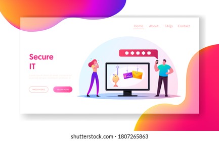 People Victims of Phishing and Hacker Attack Lose Money in Internet Landing Page Template. Tiny Woman Character Crying near Huge Computer, Man Enter Password Online. Cartoon Vector Illustration