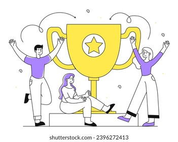 Gente con el concepto de contorno de la copa de victoria. Hombres y mujeres cerca de un goblet dorado. Trofeo y premio, recompensa. Equipo exitoso. Ilustración lineal vectorial aislada en fondo blanco