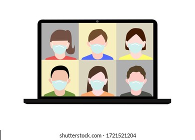 people are video call conference by using laptop. they are wearing protective mask on the white background. Social distancing, self quanrantine, work at home concept. 