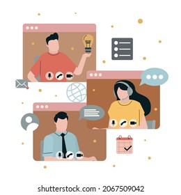 People video calling online. Cartoon characters talking in application. Internet communication concept. Business call. Outsourcing company and teamwork. E-learning and education. Vector illustration