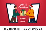 People video calling and sharing Christmas gifts online, coronavirus prevention and safe Christmas celebration online