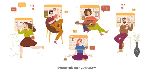 People video chat, virtual online conference, computer screens with characters meditate, playing guitar, read, drink coffee. Friends distant communication, Linear cartoon flat vector illustration