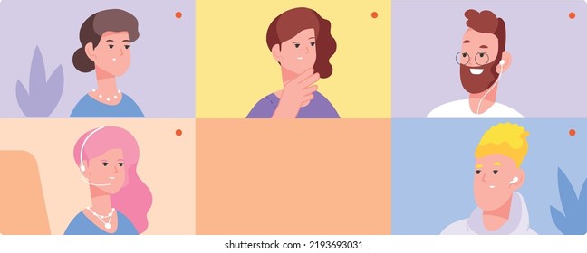 People In Video Chat Windows. Group Family Call. Vector Illustration