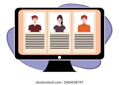 People in video conference on computer screen. Online meeting, video call concept. Vector illustration.