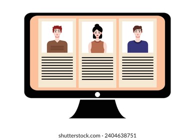 People in video conference on computer screen. Online meeting, video call concept. Vector illustration.