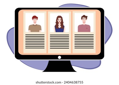 People in video conference on computer screen. Online meeting, video call concept. Vector illustration.