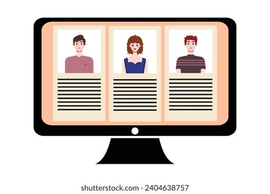 People in video conference on computer screen. Online meeting, video call concept. Vector illustration.