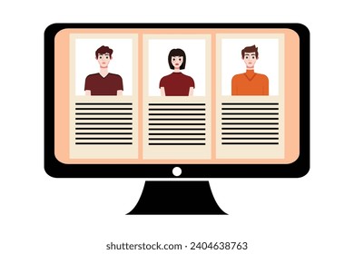 People in video conference on computer screen. Online meeting, video call concept. Vector illustration.