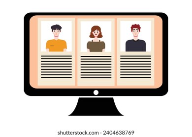 People in video conference on computer screen. Online meeting, video call concept. Vector illustration.