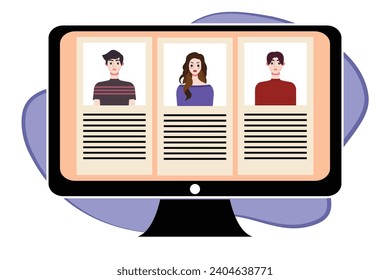 People in video conference on computer screen. Online meeting, video call concept. Vector illustration.