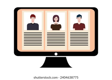 People in video conference on computer screen. Online meeting, video call concept. Vector illustration.
