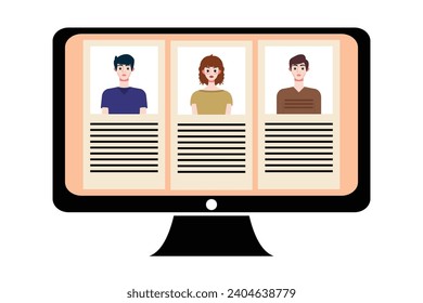 People in video conference on computer screen. Online meeting, video call concept. Vector illustration.