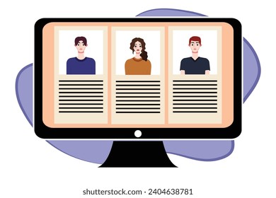 People in video conference on computer screen. Online meeting, video call concept. Vector illustration.