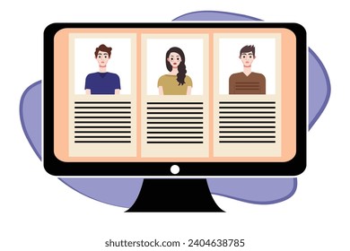 People in video conference on computer screen. Online meeting, video call concept. Vector illustration.