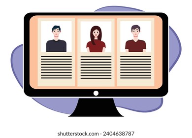 People in video conference on computer screen. Online meeting, video call concept. Vector illustration.