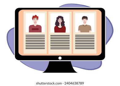 People in video conference on computer screen. Online meeting, video call concept. Vector illustration.