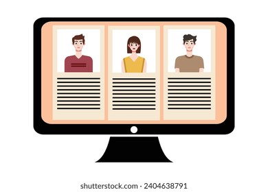 People in video conference on computer screen. Online meeting, video call concept. Vector illustration.