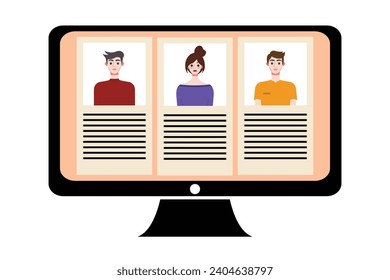 People in video conference on computer screen. Online meeting, video call concept. Vector illustration.