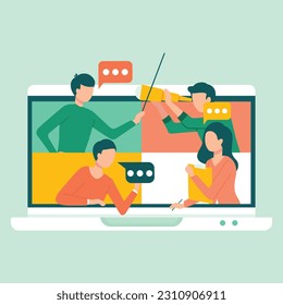 People at video conference on laptop monitor. Online meeting, work form home. Man and woman characters on screen. Students connect, study or meet online via teleconferencing, webinar or business class