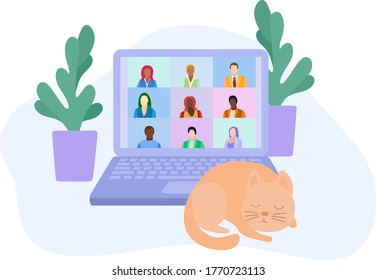 People at video conference. Online meeting with colleagues or friends on laptop. Work from home, communication, webinar. Remote online work. Comfortable work environment. Flat illustration