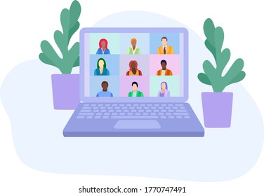 People at video conference. Online meeting with colleagues or friends on laptop. Work from home, communication, webinar. Remote online work. Comfortable work environment. Flat illustration