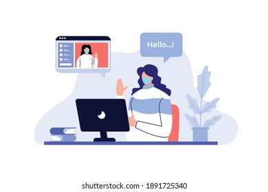 Gente en videoconferencias con computadora. Nuevo concepto normal, distanciamiento social y autoaislamiento durante la ilustración del vector de cuarentena del coronavirus