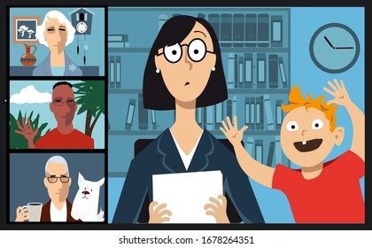 People videoconferencing with coworkers who are staying home practicing social distancing, EPS 8 vector illustration 