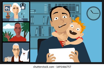 People videoconferencing with coworkers who are staying home practicing social distancing, EPS 8 vector illustration