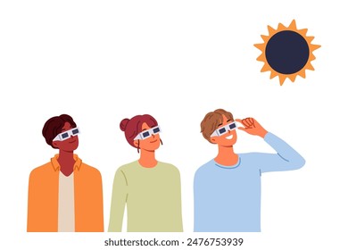 People view solar eclipse using disposable glasses to observe rare astronomical phenomenon. Happy children laugh and rush to school to be on time for start of lessons on first of september