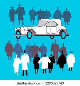 People view a vintage car. Classic elegant convertible. View of the car from the side. People crowd around the aristocratic retro car. Black and white human silhouettes. Vector flat illustration.