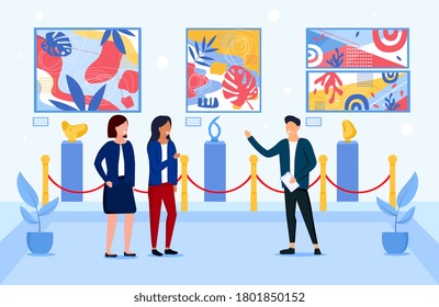 People viewing artwork in a museum discussing paintings on a wall, colored vector illustration