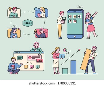 People viewing business work on the internet infographic concept design. flat design style minimal vector illustration.