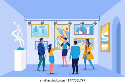 People viewing contemporary paintings, exhibits in museum. Tourists, exhibition visitors listen to a excursion of the art gallery. Abstract artworks at exposition. Vector cartoon design