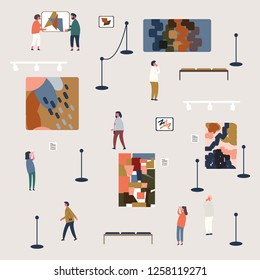 People Viewing Shape Modern Abstract Arts Exhibits In Museum,creative Artworks Or Exhibit Paintings On Wall In Art Gallery Exhibition,flat Design Style,vector Pattern Illustration.