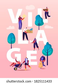 People in Village Concept. Characters Doing Farming Job as Care of Domestic Birds and Animals, Cut Hay for Livestock, Harvesting Crop, Drink Moonshine Poster Banner Flyer. Cartoon Vector Illustration