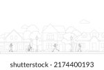 People village life neighborhood line art vector. Residential buildings on suburban street. Bike and walk people in village life neighborhood