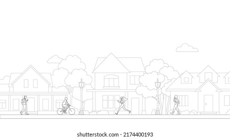 Vector de arte de la línea de vida de la gente del pueblo. Edificios residenciales en calles suburbanas. La bicicleta y la gente que camina en el barrio de vida del pueblo