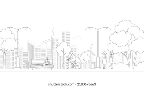 People Village Life Neighborhood Line Art Vector. Residential Buildings On Suburban Street. Bike And Walk People In Village Life Neighborhood