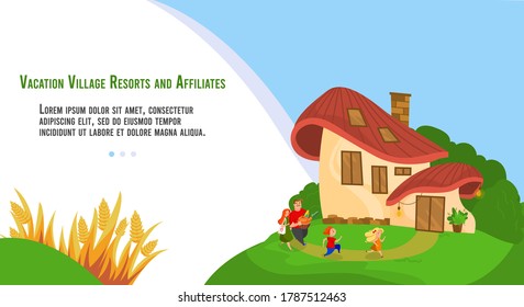 People in village vacation flat vector illustration. Cartoon happy villager family characters have fun, rest near cute village house on green grass hill, fantasy rural countryside landscape banner