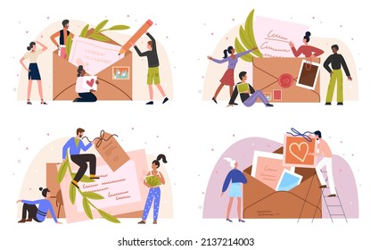 People with vintage mail correspondence letter in paper retro envelope vector illustration set. Cartoon man woman standing near big envelope to send with delivery service mailbox isolated on white