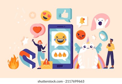 People with viral concept. Users share pictures and videos with friends. Emoji, sticker for social media. Digital world and favorite characters. Chatting in Internet. Volumetric vector illustration