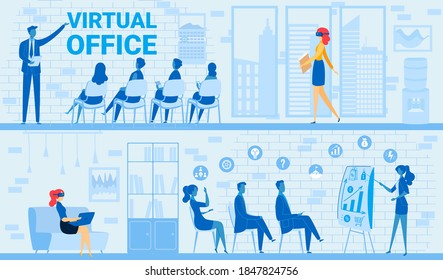 People in virtual business office meeting vector illustration. Cartoon flat businesswoman in tech vr glasses sitting with laptop, working in virtual reality conference, futuristic modern technology
