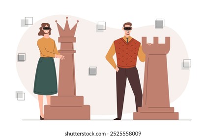 People with virtual chess. Man and woman in VR glasses with chess pieces. Metaverse and cyberspace. Intellectual games for logic and planning. Fun and entertainment. Flat vector illustration